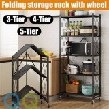 QQ 3 / 4 / 5 Tier Free Installation Metal Foldable Storage Rack Organizer Home Storage Rack Kitchen Rack Living Room Rak with Wheels